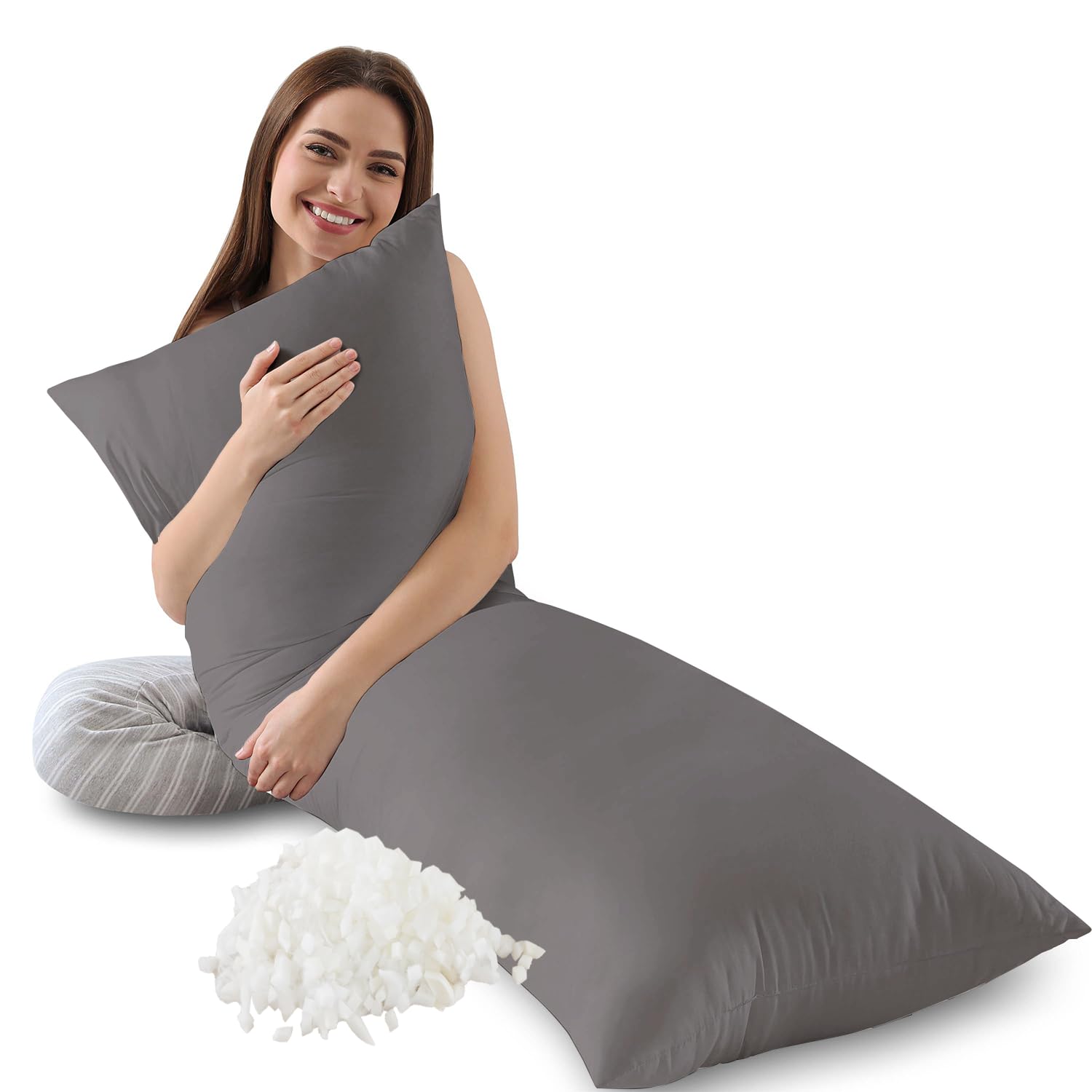 WhatsBedding Memory Foam Body Pillow with Pillowcase, Soft Large Long Bed Pillow for Adults, Breathable Full Body Pillow with Removable Pillow Cover - Dark Grey