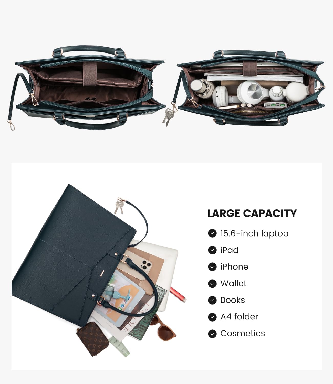 LOVEVOOK Laptop Tote Bag for Women, Leather Business Office Work Bag Computer Briefcase with Small Clutch fit for 15.6 Inch Laptop Green - Image 6