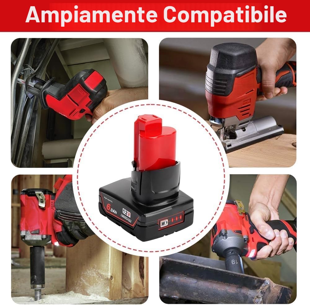 Powarobor 2 Pack M12B6 12V 6.0Ah Batteria di ricambio agli ioni di litio Compatibile con Milwaukee M12 12Volt Power Tools Batterie con indicatore LED 48-11-2460