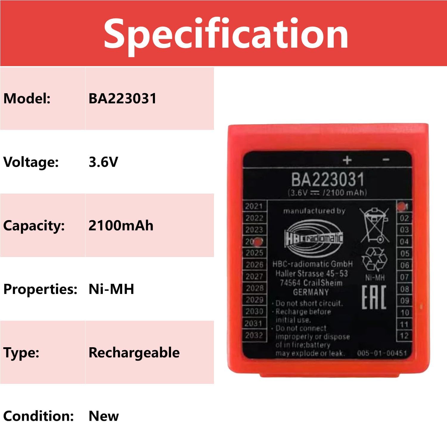 2100mAh 3.6V BA223031 Rechargeable Battery for HBC Wireless Romote Control (3.6 Volt, 2.1 Ah, Ni-MH, Rechargeable)