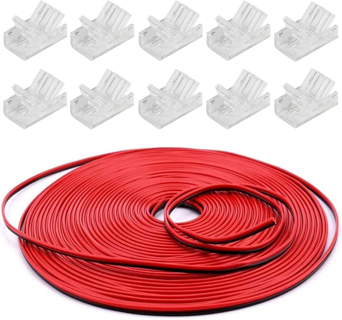 BZONE 2 Pin LED Strip Connectors 10 Pack with 16.4FT Extension Cable for 10 mm Wide Waterproof and Non-Waterproof Single-Color LED Strip Lights, Strip to Wire Quick Connection