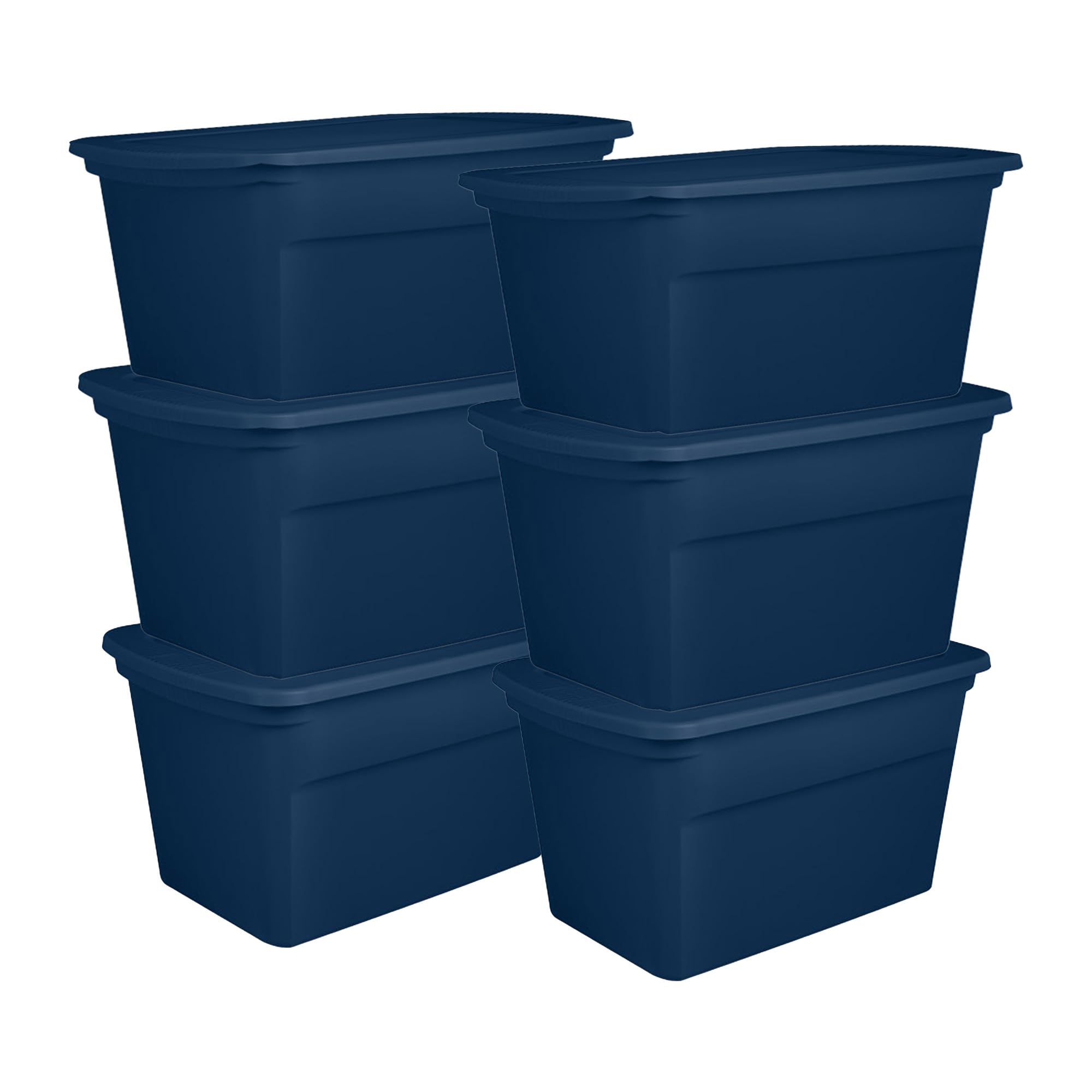 6-Pack Tote, Plastic Storage Bins with Snap Lids, 30 Gallon, Marine Blue - Stackable Home Organizers with In-Molded Handles for Bedroom, Garage, Basement and Attic