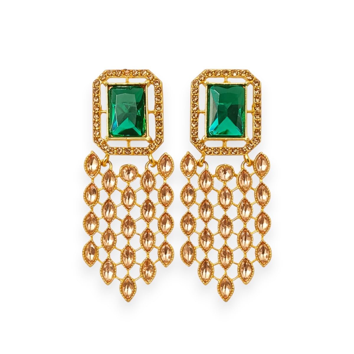 Gold Plated Indo Western Style Inspired Emerald and Rhinestones Embellished Green Stone Studded Dangle Earrings with Push Back Closure for Women and Girls| Gifting for Karwachauth |-image-18