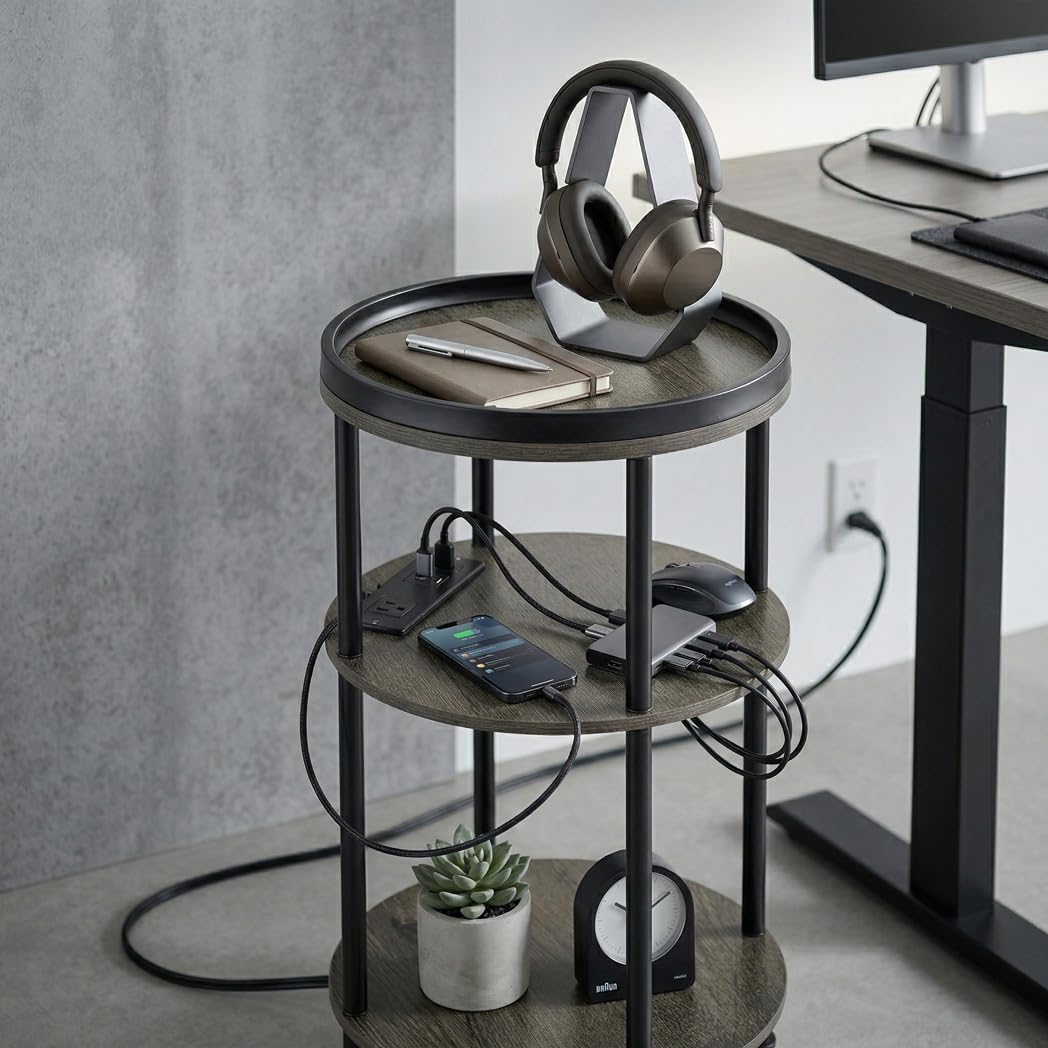 Small Round Side Table with Charging Station for Small Spaces, 3-Tier Accent Table with USB Ports & Power Outlets, Sofa Corner Tea Table for Living Room Nightstand Bedroom Apartment (Grey)