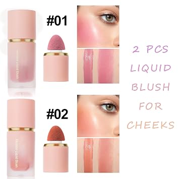 2 Pcs Liquid Blush for Cheeks, Soft Liquid Blush Natural Glow Makeup Red Blushwith Applicator High-Pigmented Cream Blush Liquid Long-Wearing Blush Set Mini Blush