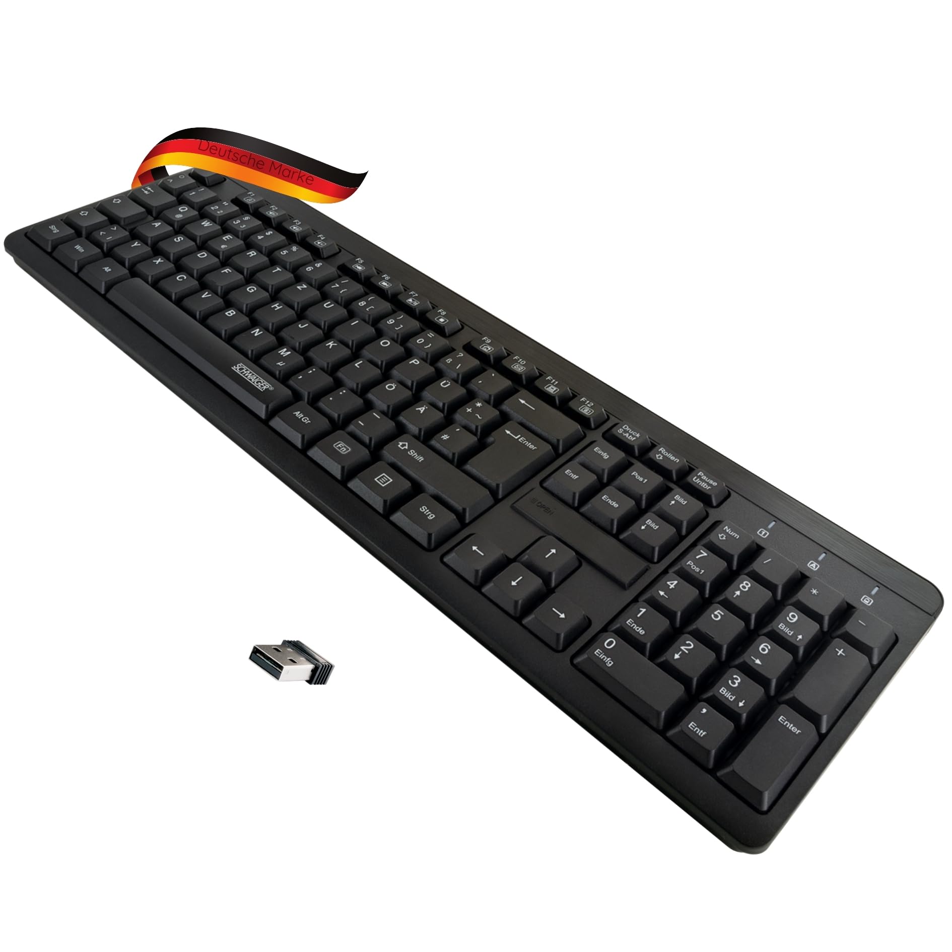 SCHWAIGER -WKB1000 013- Klawiatura | bezprzewodowa | zasilana bateryjnie | układ niemieckojęzyczny | Plug & Play | małe urządzenia stojące | cicha praca | czarna