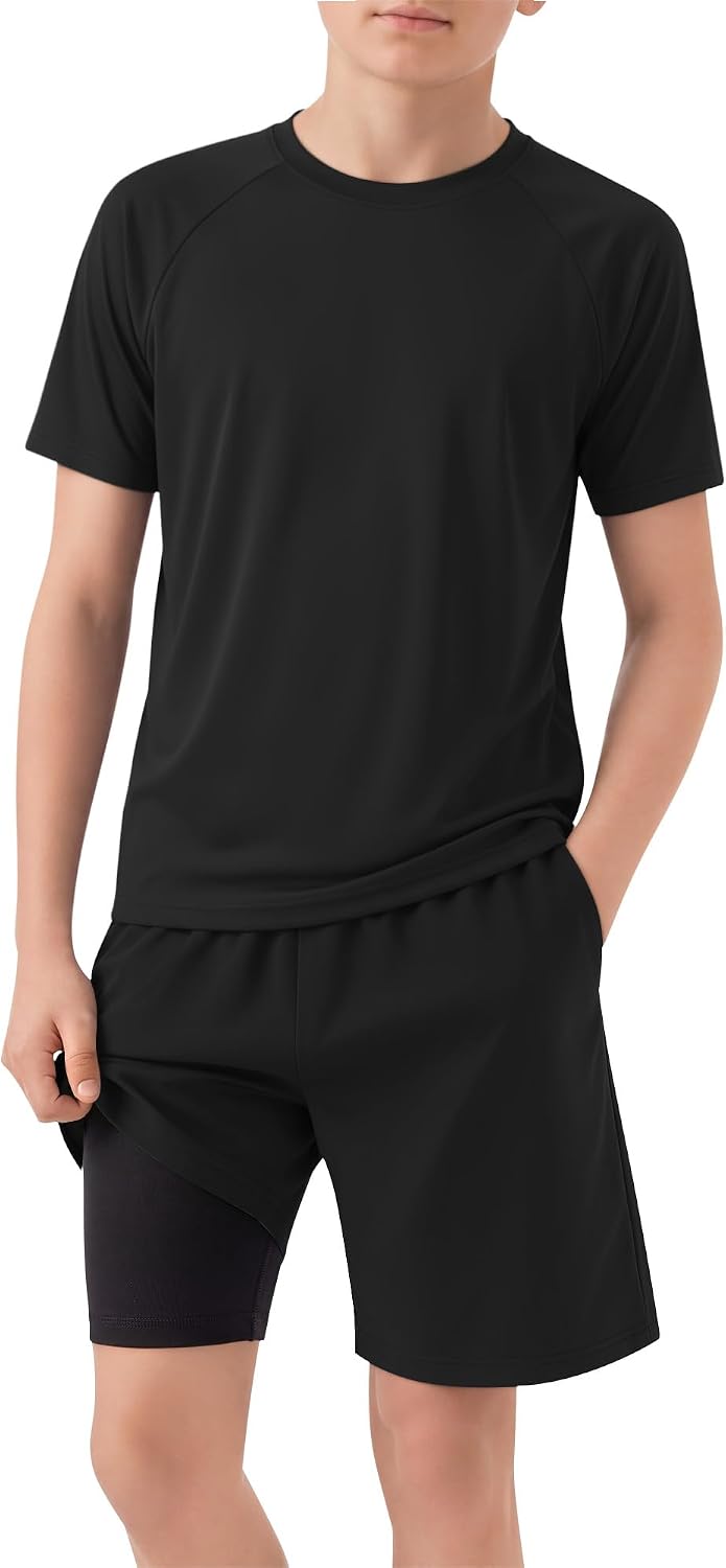 Boys Rash Guard Swim Set with Swim Trunks 2 Piece UPF 50+ Short Sleeve Bathing Suit Kids Quick Dry Swimwear 5-14 Y