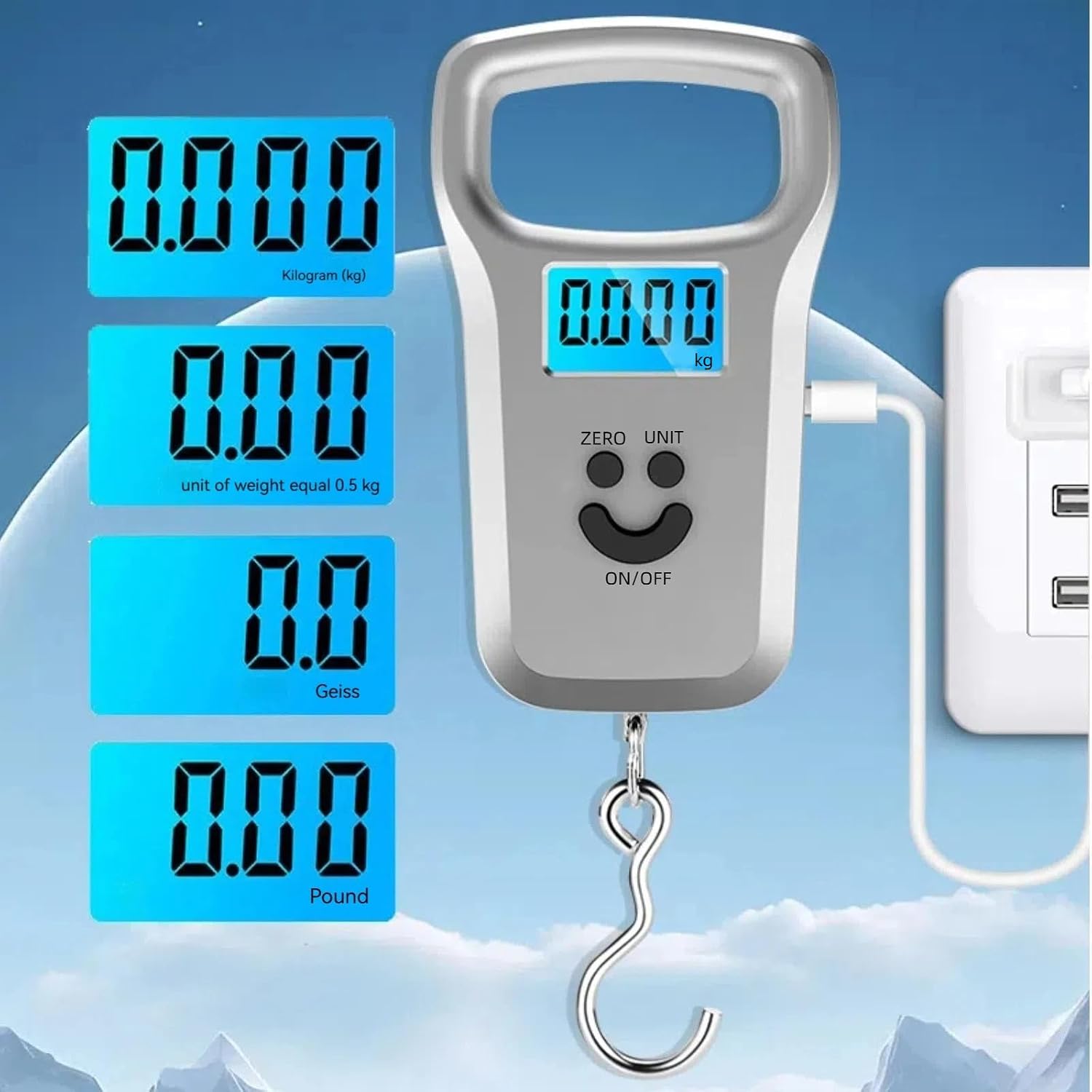 ThreeH Rechargeable Hanging Scales 50Kg/110Lbs LCD Display Wide Handle for Comfort Kitchen Luggage Use 2PCS