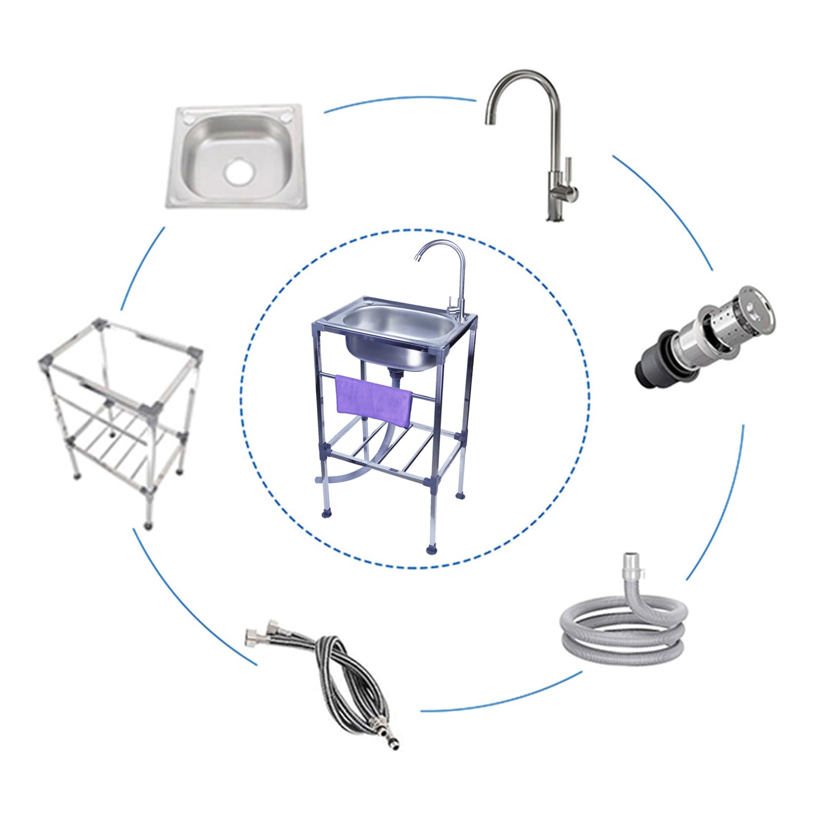 Évier sur pied en acier inoxydable - 1 bac avec robinet et accessoires de drainage - Évier commercial pour buanderie, ferme, évier intérieur et extérieur, facile à nettoyer