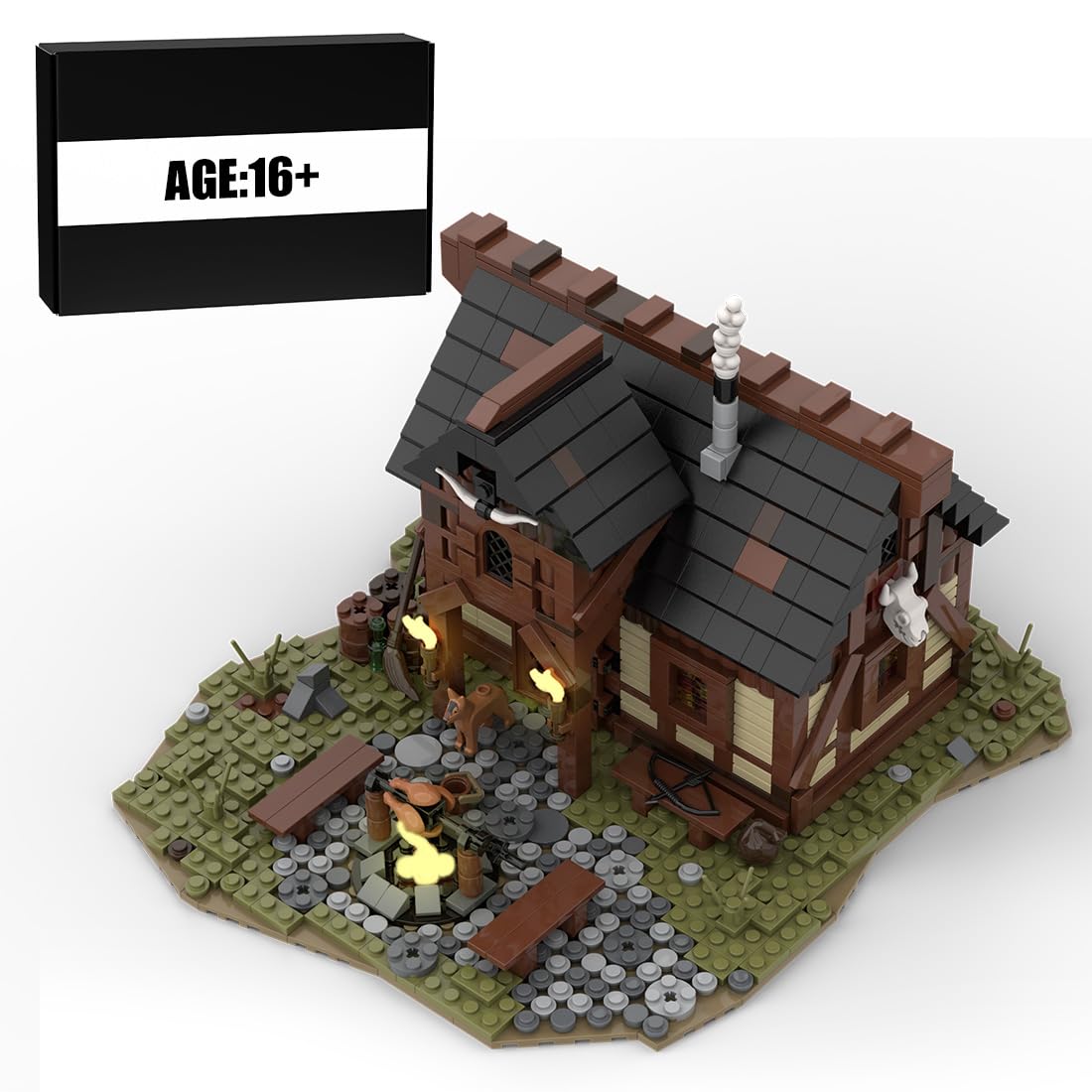 MOC Klemmbausteine Mittelalterliche Höhle Modul eines großen Dorfes Thema Modell, 1404 Teile Mittelalterliches Dorf Gebäude Set, MOC-112418