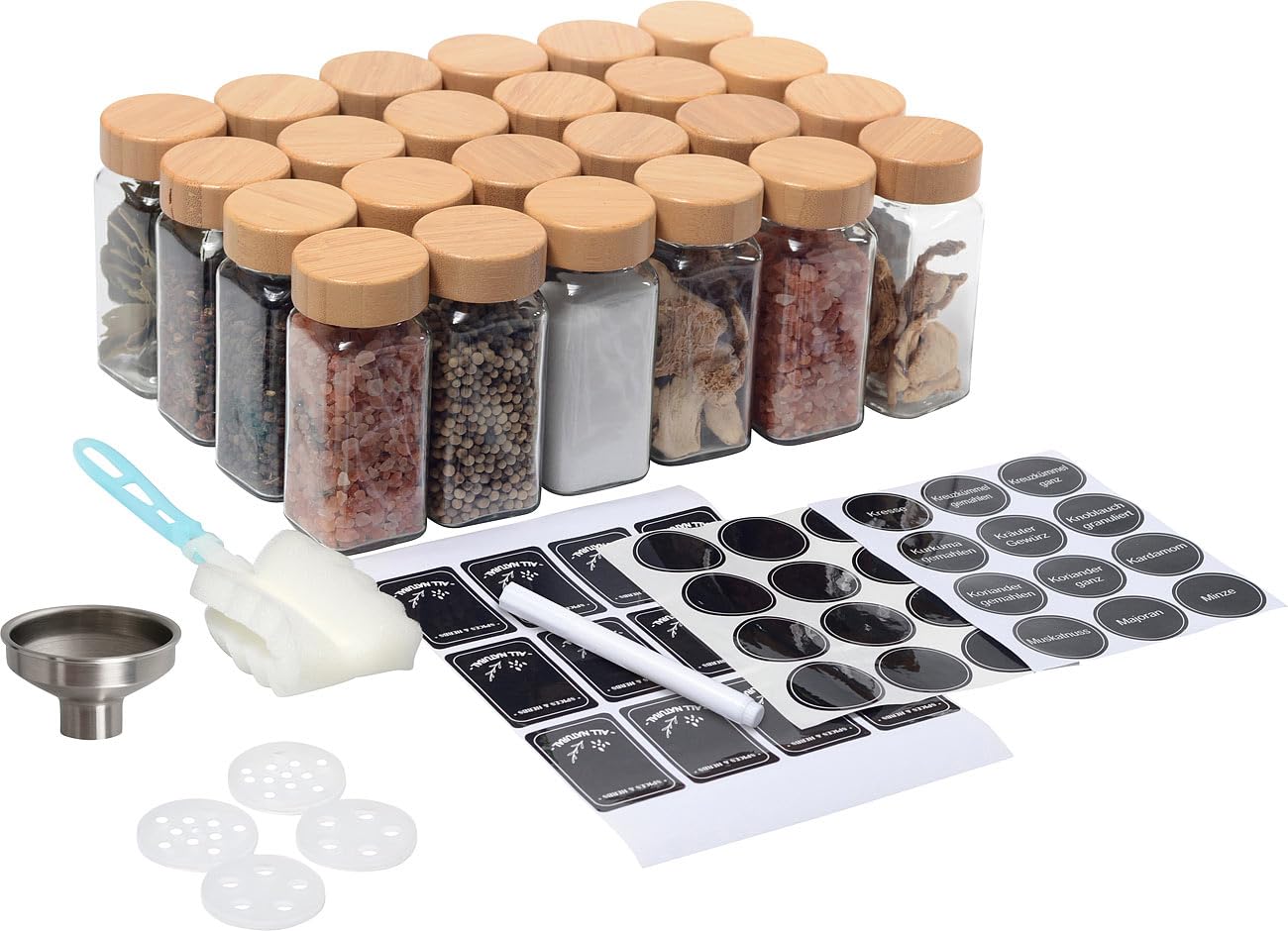 Rosenstein & Söhne Gewürzgläser für Küchen: 48er-Set Gewürzgläser mit Bambusdeckel, je 120 ml, 480 Etiketten (mit Streueinsätzen, mit Streueinsatz Sets)