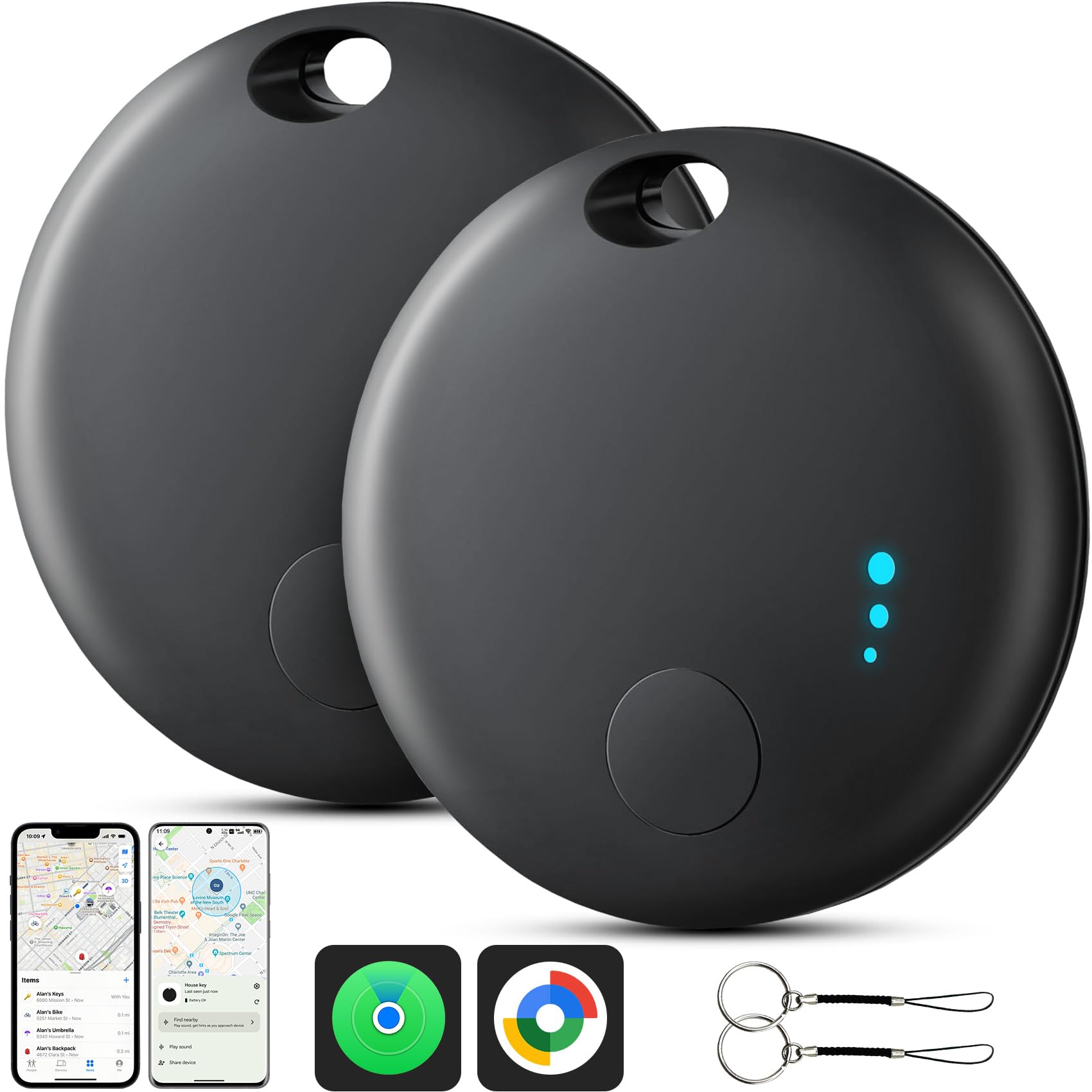Air Tracker Tag Android or iOS, 2 PCS Sistema Doppio Smart Tracker Bluetooth Localizzatore Chiavi Compatibile con Apple/Google Find My, Air Tracker per Chiavi, Zaini, Bagagli (Nero)
