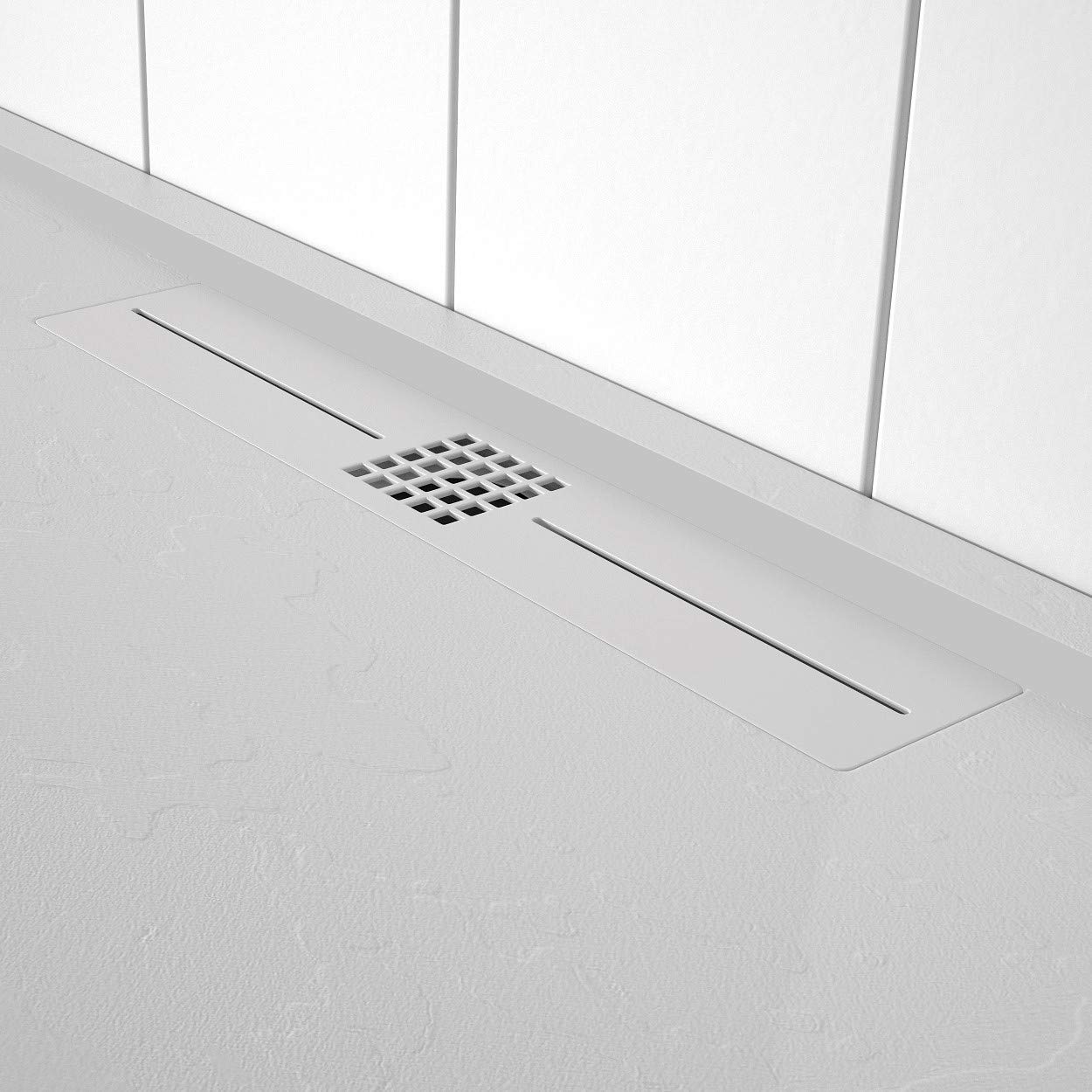 Plato de ducha blanco de mármol, desagüe lateral, superficie de efecto piedra pizarra, serie Niza, Slim 3 cm, revestimiento de Gelcoat, antideslizante