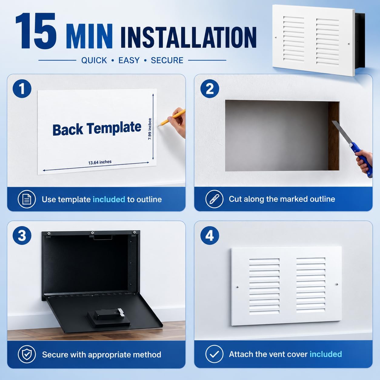Mboko Electronic Hidden In Wall Safe with Vent Cover, 2 Install Options | Fits Standard 16" Stud Centers Or Wider Spacing, Vent Cover For Hidden In Plain Sight