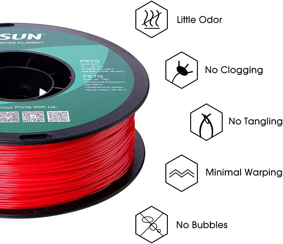 eSUN 3D 1.75mm PETG Red Filament 1kg (2.2lb), PETG 3D Printer Filament, Dimensional Accuracy +/- 0.03 mm, 1.75mm Solid Opaque Red
