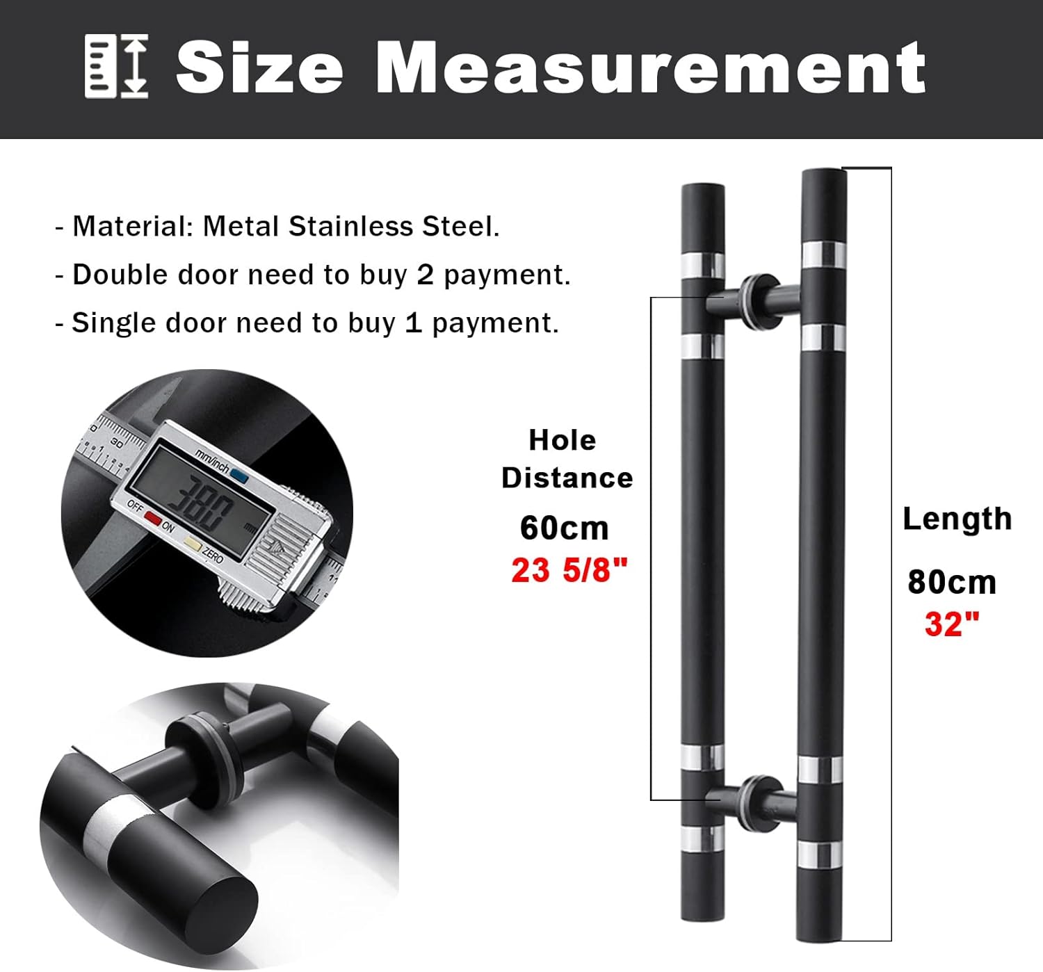 Black Bathroom Door Handle,Double Sided Shower Sliding Glass Entrance Barn Handle,H Shape Door Handle Set for Garage Shops (Size :80cm (32"))