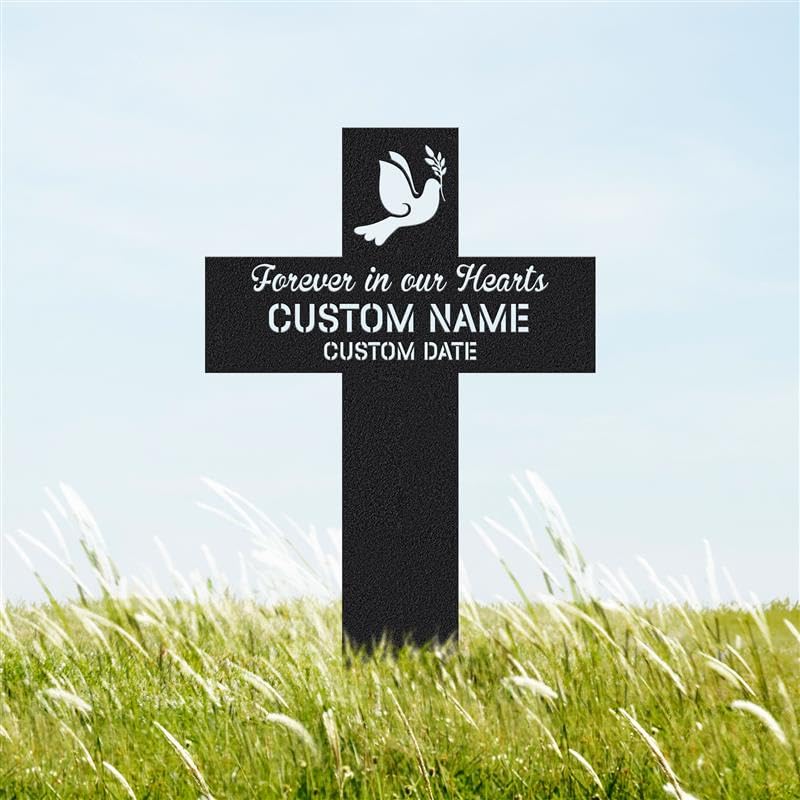 AVAGifts Personalized Memorial Cross Metal Forever in Our Hearts Grave Marker Custom Name & Date Outdoor Memorial Stake Loss of Loved One Sympathy Mother Day Grave Marker for Cemetery or Garden