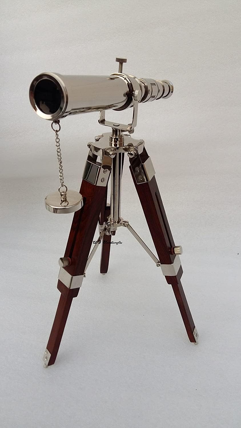 Vintage Nautical Telescope with Adjustable Wooden Tripod Stand, Chrome Finish, Decorative Spyglass