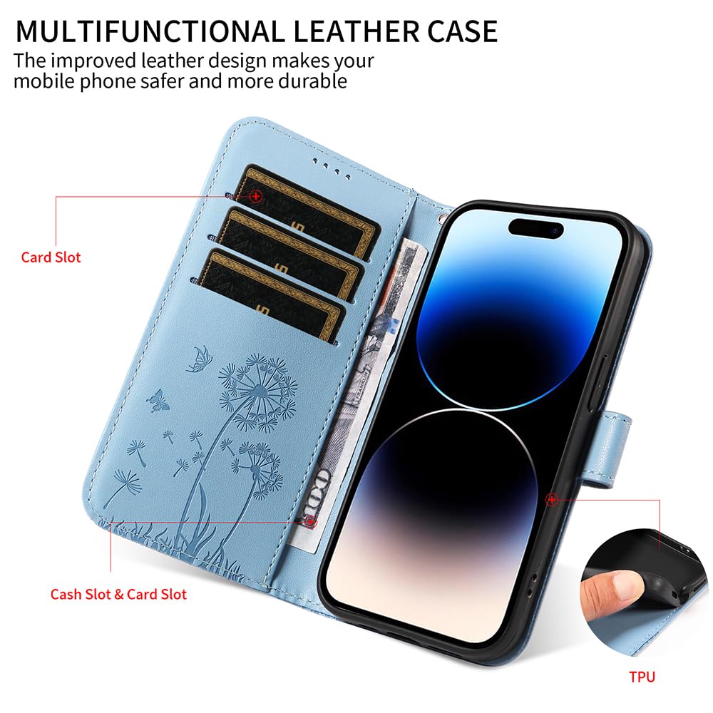SEAHAI Cover Per Realme C33: Custodia Portafoglio Con Design Foglie E Gatto In Rilievo - Blu - 2