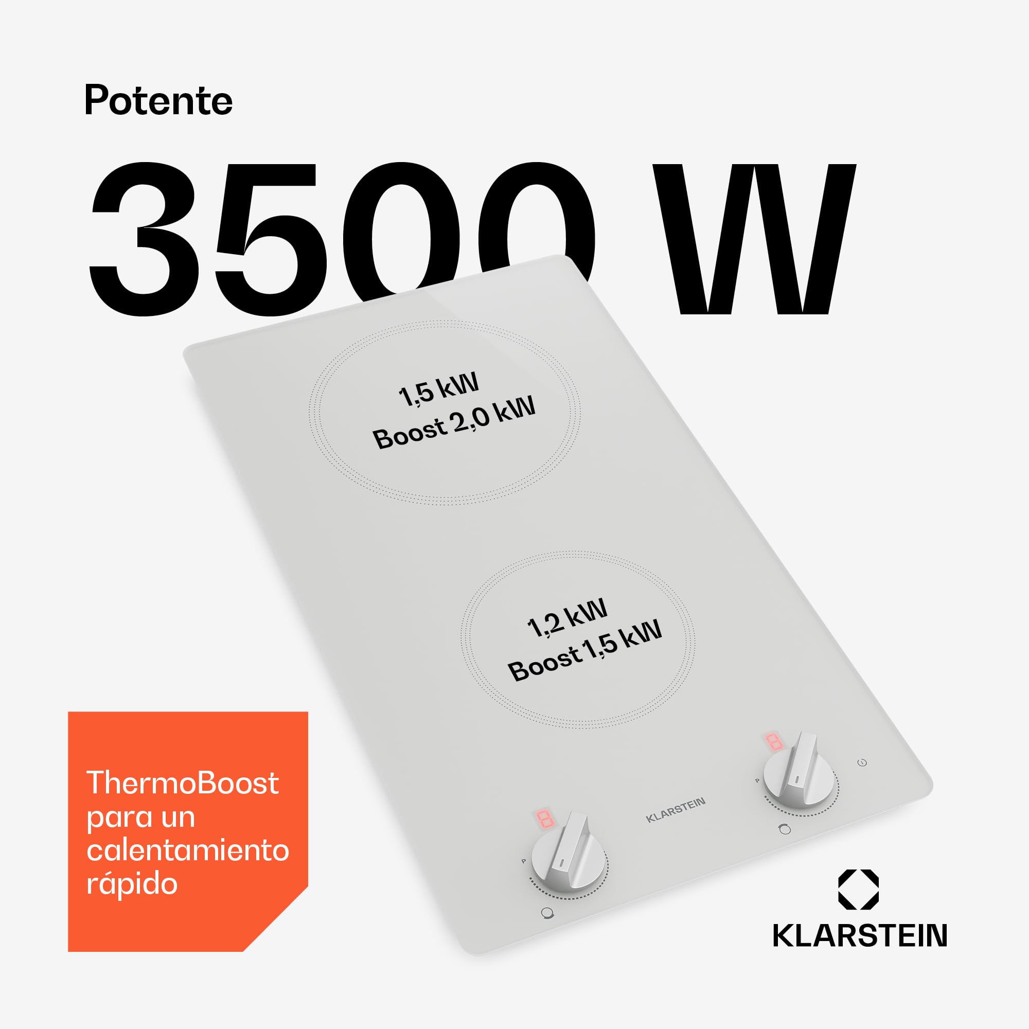Klarstein Placa Inducción, 30cm - 2 Zonas, 3500W Boost, Mando Giratorio, Indicador Calor Residual, Protección Sobrecalentamiento, Superficie Cristal, Cocina Compacta