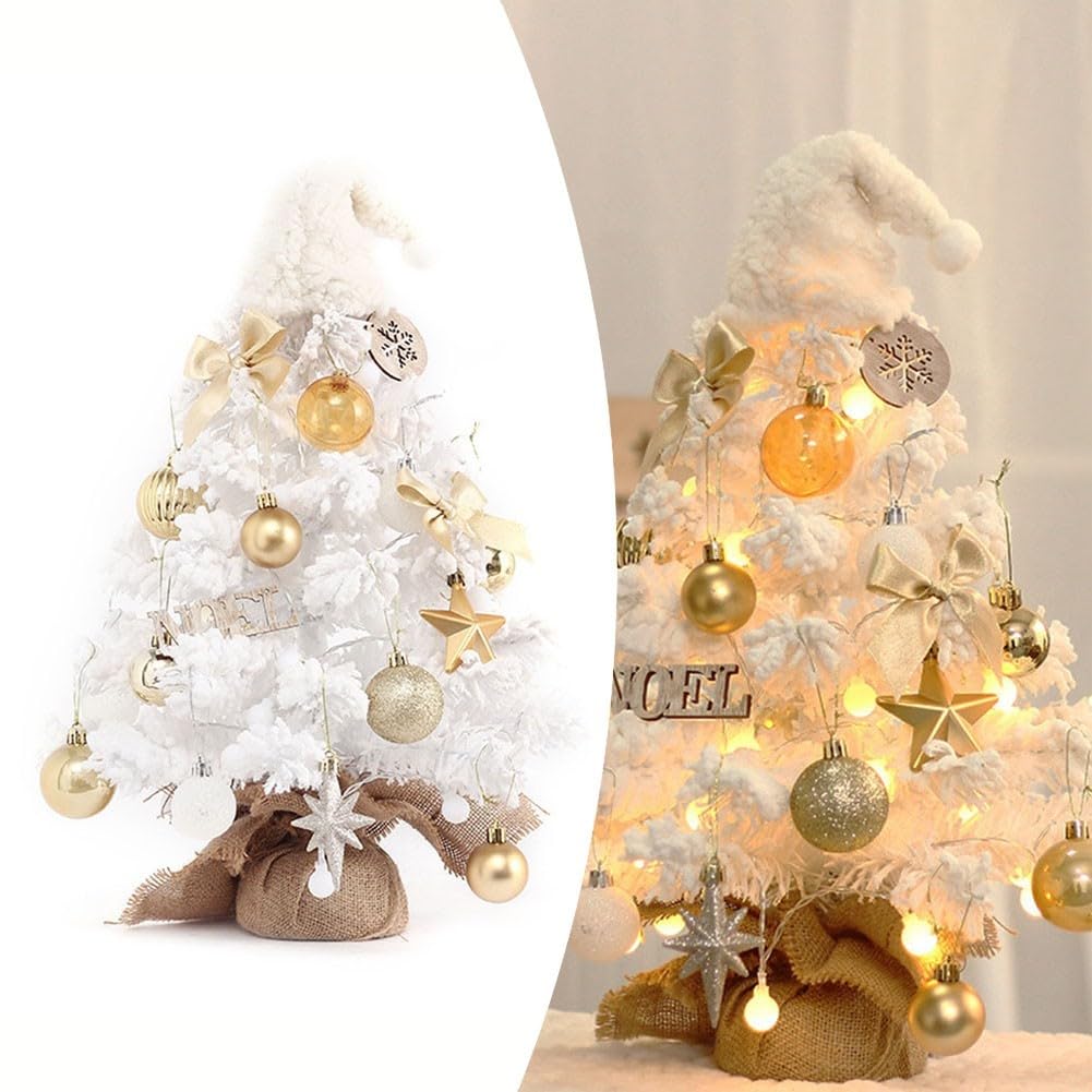 Mini albero di Natale da tavolo con LED bianco e neve, decorazione per la casa