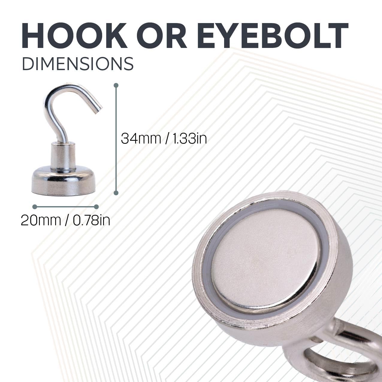 Aimant de Serrage en Néodyme Avec Boulon D'Œil M4 Pour Suspendre, Tenir Ou Afficher Des Articles - 20mm de diamètre x 34mm de Haut - 16,5kg de Traction - Pack de 20