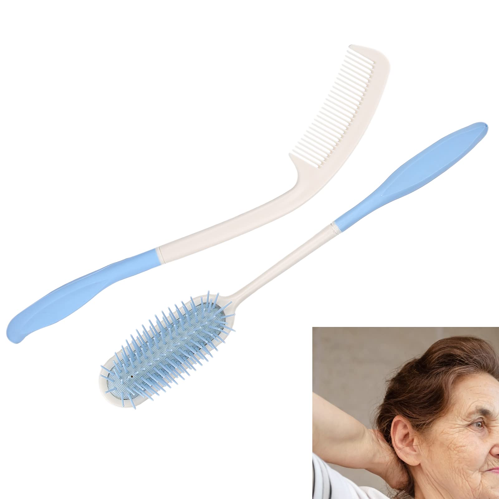 Haarkamm und Bürste mit extra langem Griff, geeignet für ältere Menschen und handbehinderte Menschen, unbequeme Aktivitäten der oberen Extremitäten, 2 Stück