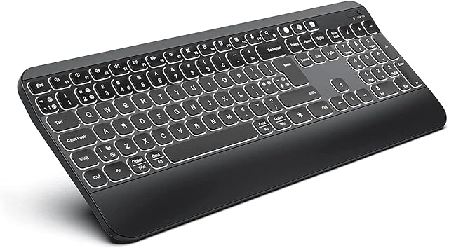 Backlit Ergonomic Keyboard, Wireless Bluetooth Multi-device Illuminated Keyboard with White Backlight, 1800mAH Rechargeable, Full Size UK QWERTY for Windows/Mac OS/iOS, PC/Laptop/Macbook/iPad, Black
