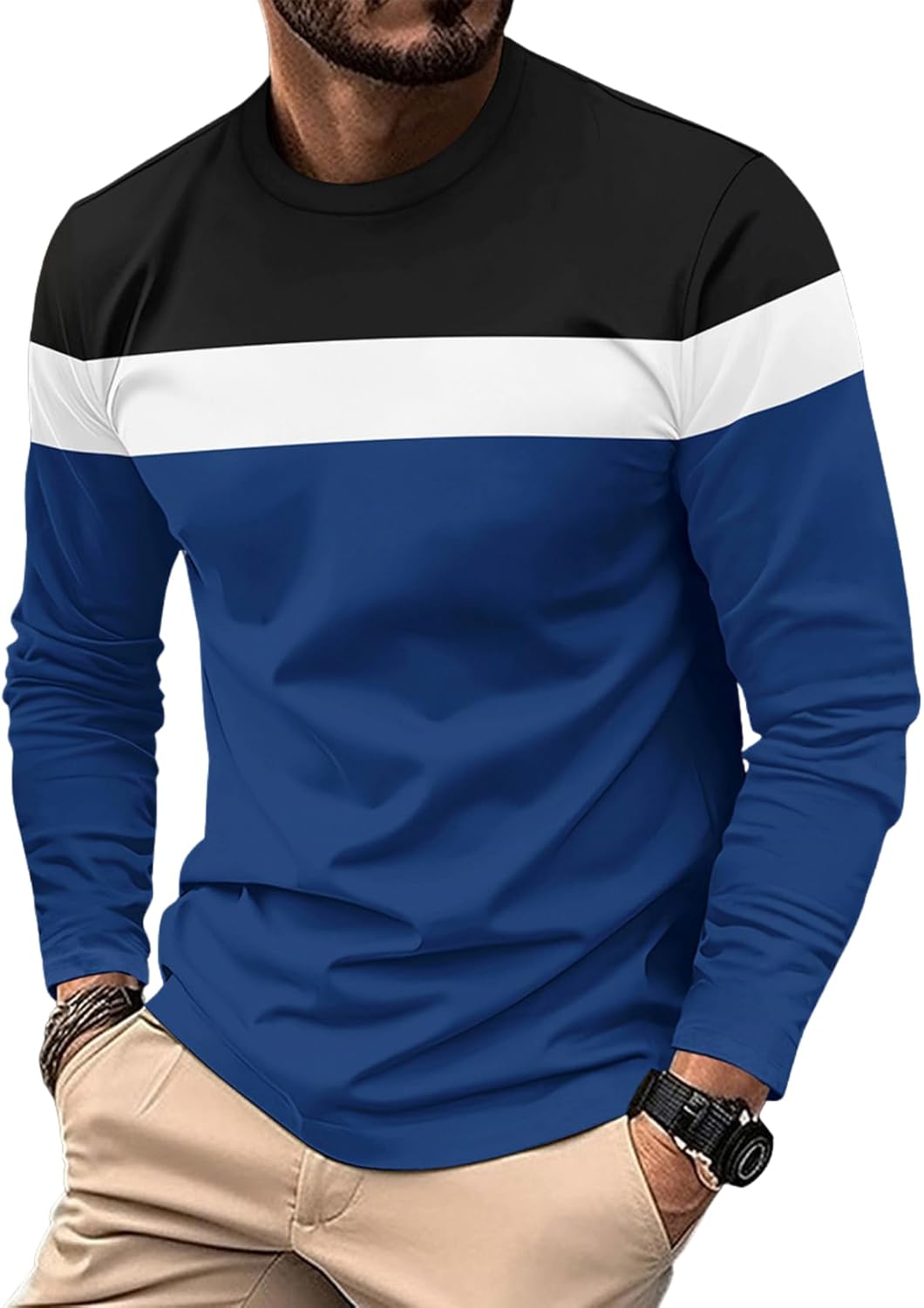 Stylish Mens Long Sleeve Shirt Colorblocked T Shirt and Casual Fall and Winter Fash...