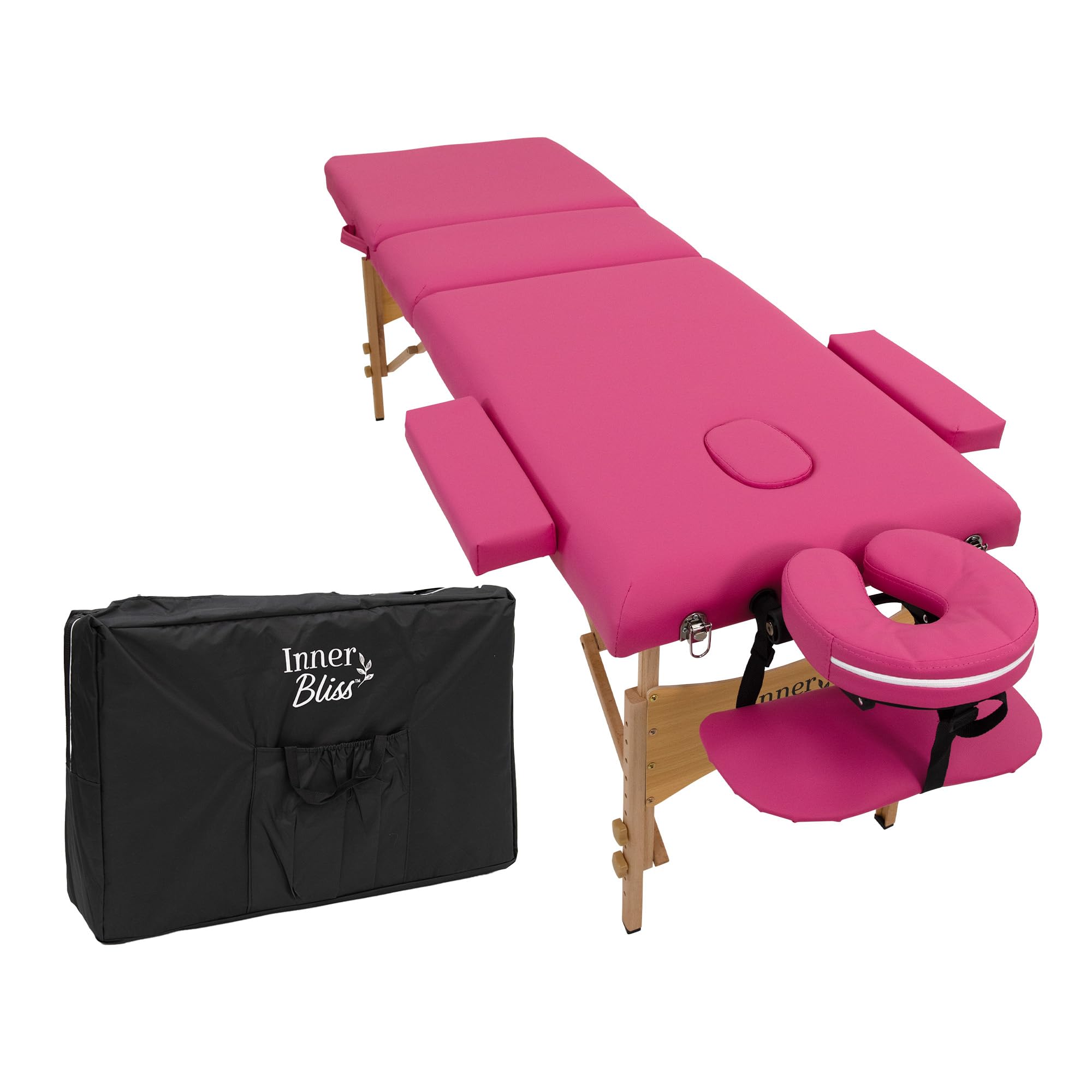 Inner Bliss Portable Massage Table 3 Section Folding Therapy Couch with Wooden Frame and Face Cradle (Dark Pink)