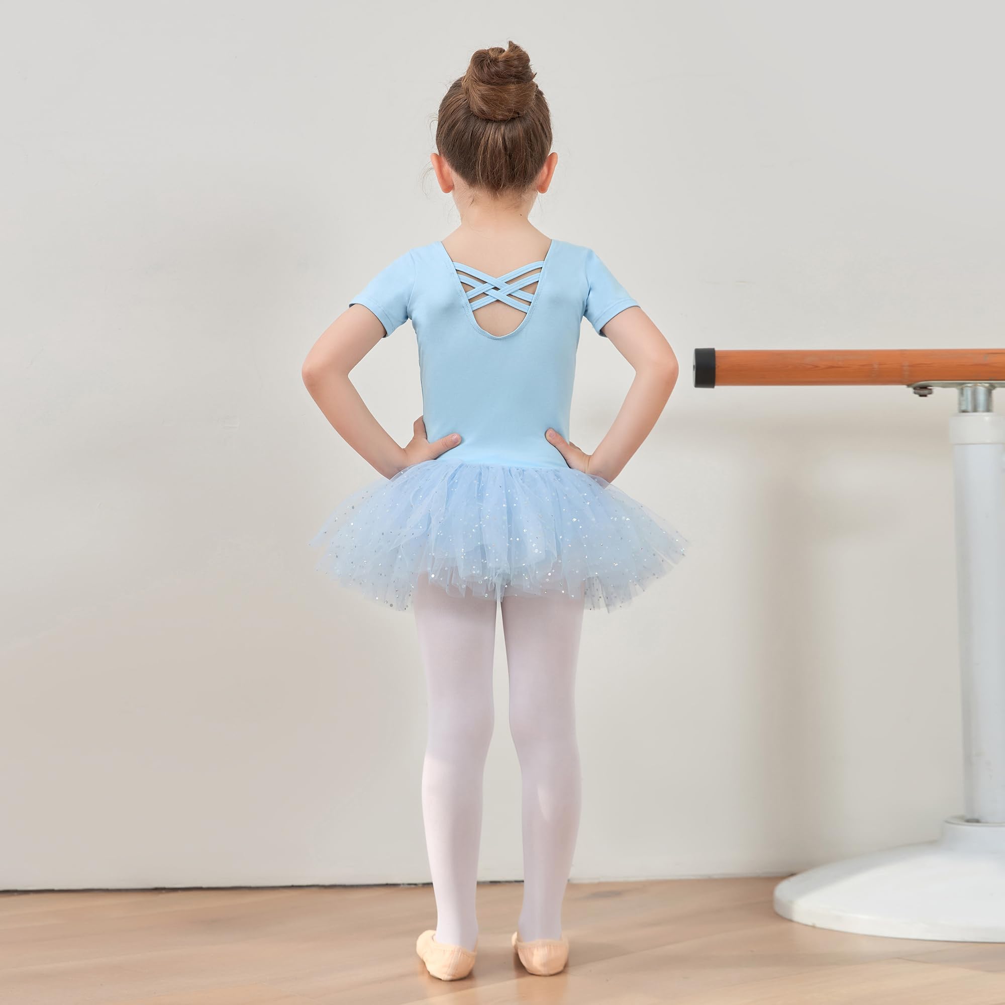 Robe de Tutu de Ballet de Filles avec du Tulle Brillant croisé en Croix à Manches Courtes Leotard de Danse à Manches Courtes
