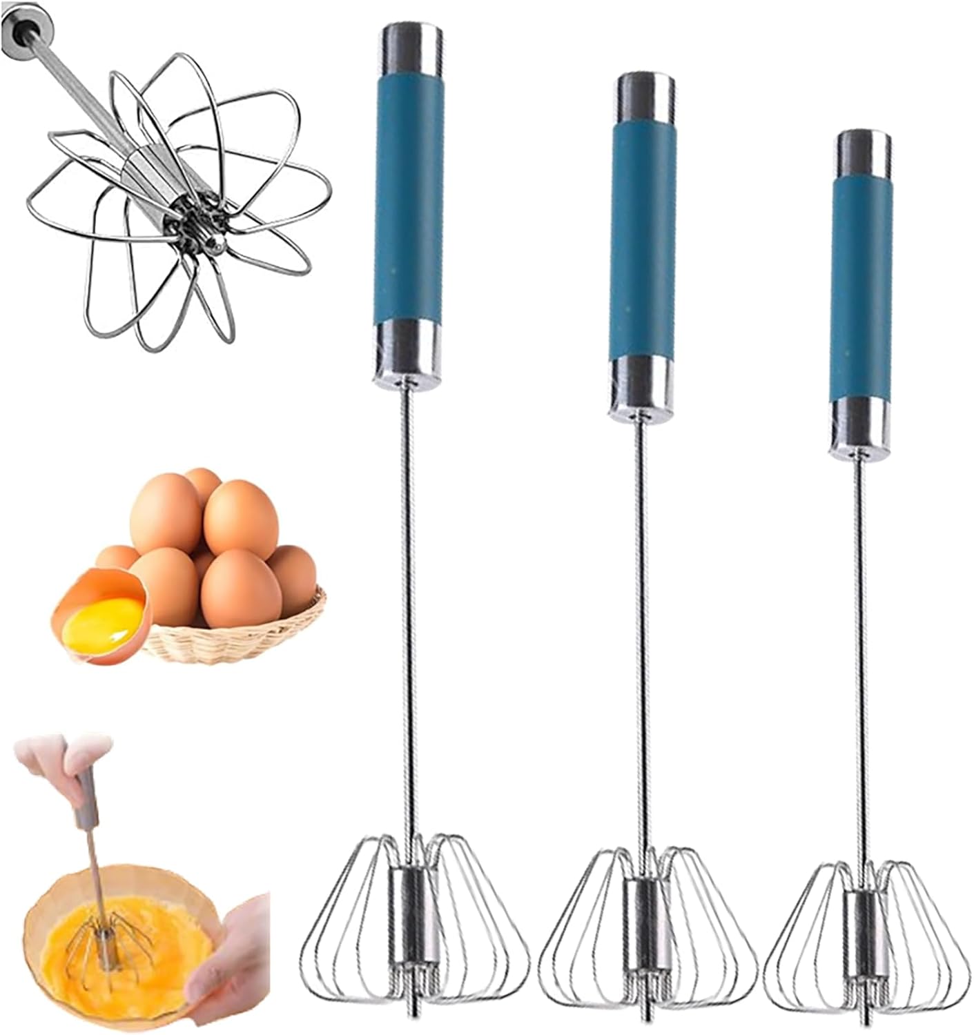 Stainless Steel Semi-Automatic Whisk, 2025 and Mixer Whisks Stainless Steel Egg Whisk Hand Push Rotary Whisks Blender Egg Scrambler Rotating Automatic Eggbeater for Cooking Egg Milk (Blue, 3Size)