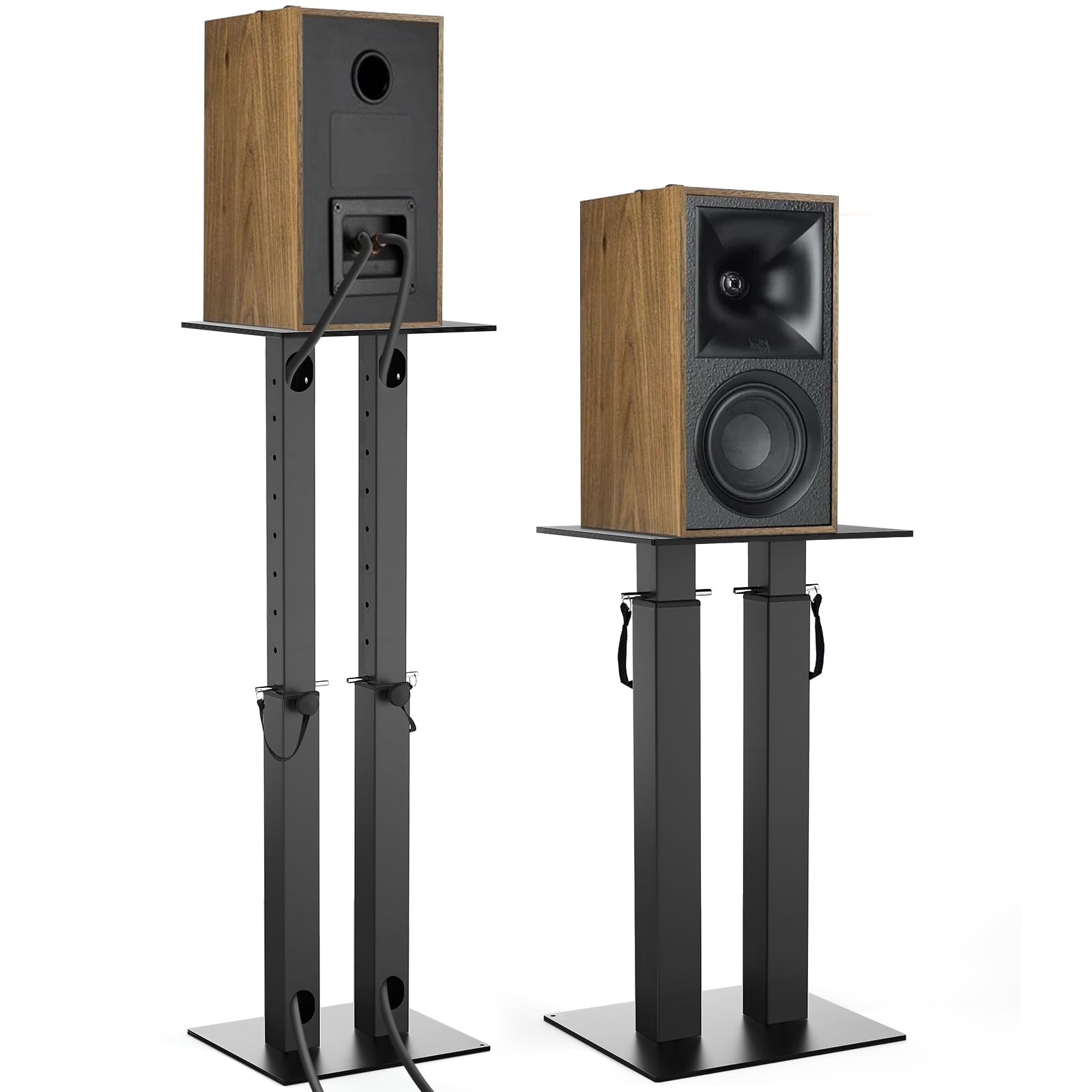 OUUTMEE Soportes de altavoces de altura ajustable con gestión de cables, juego de 2 soportes para altavoces de suelo con alfombrillas de EVA antideslizantes, soporte de altavoz de doble tubo para