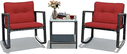 Miniatura 1 de Juego de 3 piezas mecedoras de bistró, muebles de mimbre para patio, juego de sillas de conversación al aire libre con 2 sillas mecedoras y mesa