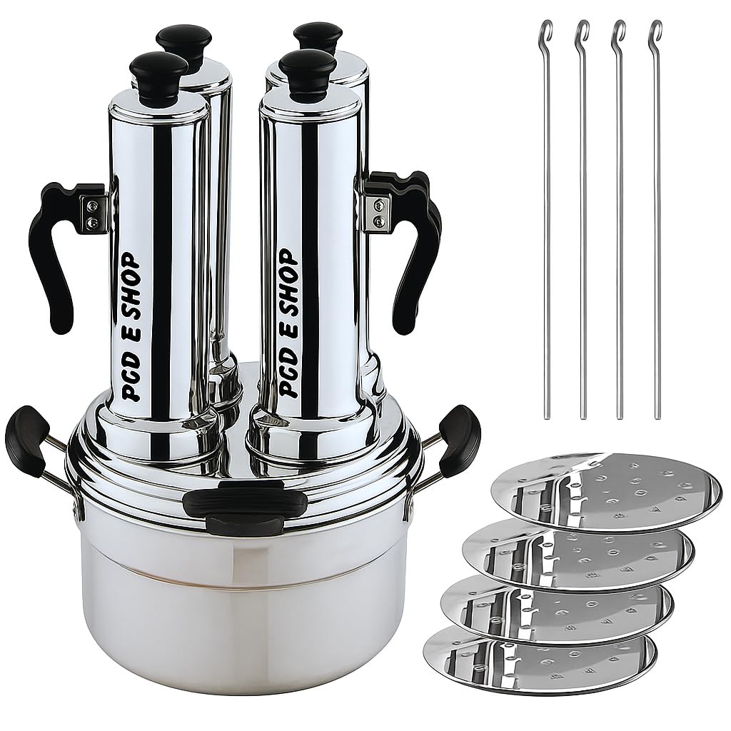 PGD Food Grade Stainless Steel 4 in 1 Puttu Maker Set of Puttu kudam, 4 Tubular Kuzhal, Steamer Plate, Plastic Stick, Black Plastic Handle, Silver Lid & Bakelite knob (4 in 1 Puttu)