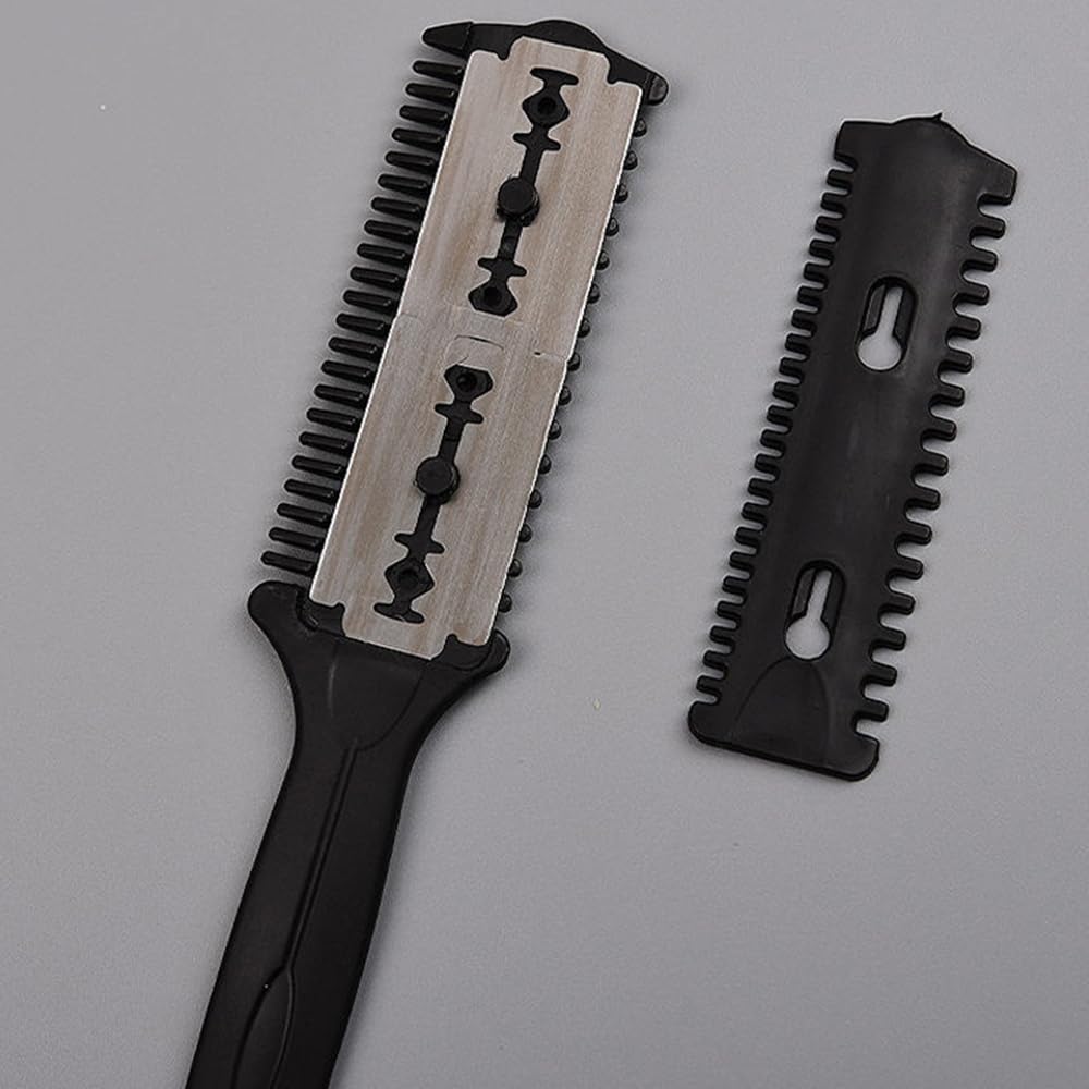 2 Piezas Peine de Afeitar y Corte Profesional, Cortador de Pelo de Doble Cara Recortador de Plástico con Navaja, Kit de Peine para Adelgazar el Cabello