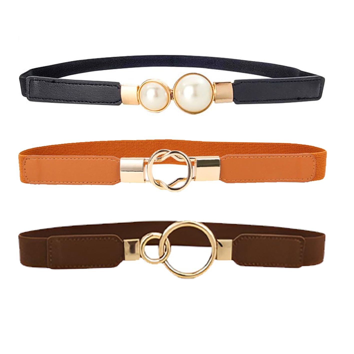 Pack Of 3 Women’s Stretchable Waist Belt With Golden Buckle – Elegant And Versatile Design For Dresses And Skirts(Black&Brown&Coffee)-image-6