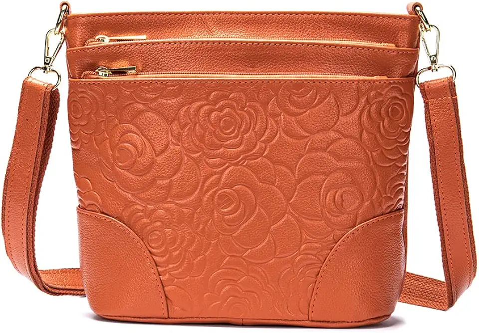 Bolsa de ombro feminina de couro genuíno com relevo floral e bolsa tiracolo para mulheres