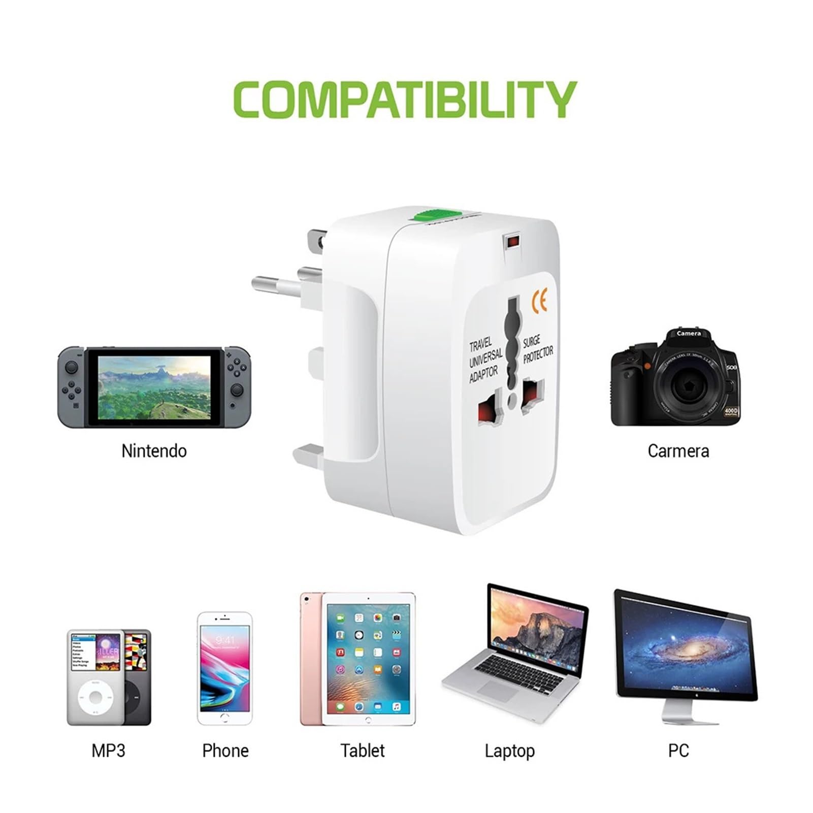 Universeller Steckeradapter AU/US/UK/EU mit 2 USB-C-Anschlüssen | Reiseadapter mit AU/US/UK/EU-Steckern. Enthält 2 USB-C-Anschlüsse. CE-zertifiziert.(White 2USB)