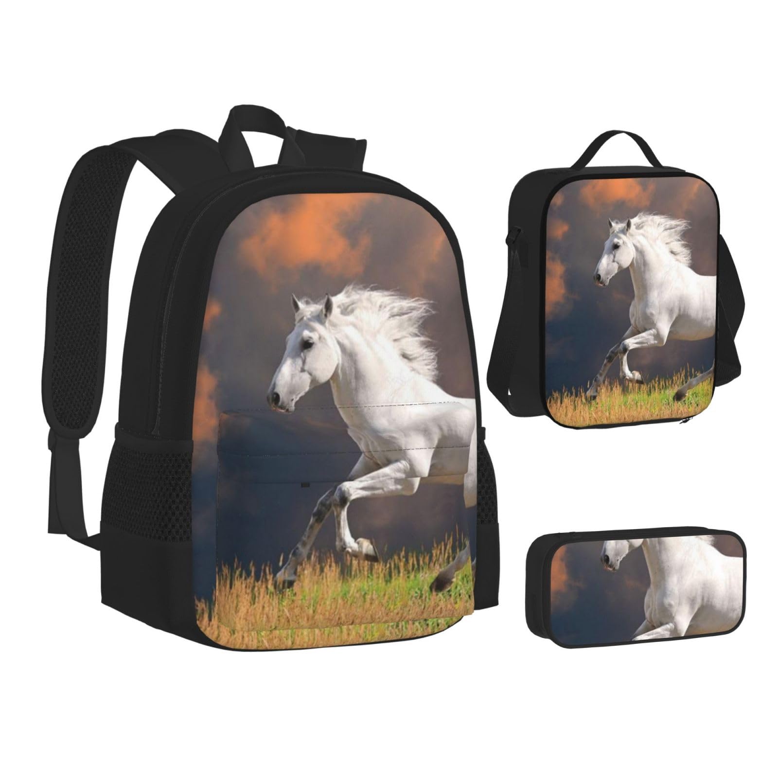 YSOLDA Juego de mochila, mochila escolar, mochila, juego de 3 piezas con bolsa de almuerzo, estuche para lápices,Patrón de caballos blancos