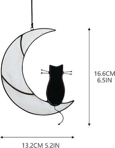 Miniatura 2 de Gato negro de vitrales sentado en luna blanca, colgantes de ventana hechos a mano, paneles de ventanas de vidrio, regalo conmemorativo para los