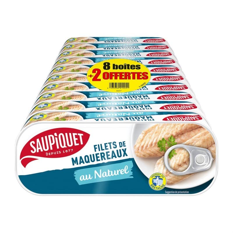 SAUPIQUET - Filet De Maquereaux Naturel 169G X 8 + 2 Boîtes Offertes - le Lot De 2