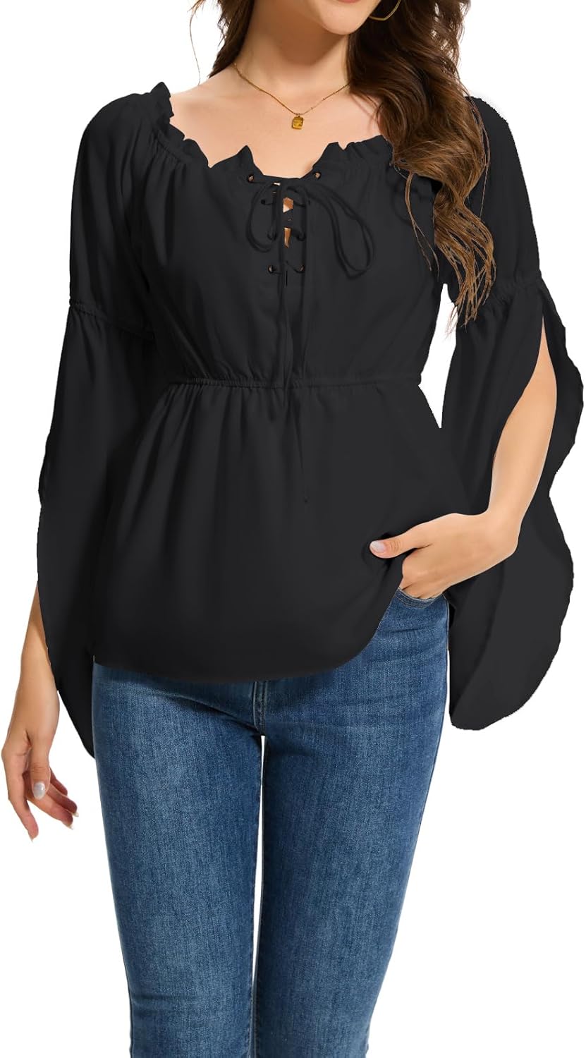 BATHRINS Renaissance Shirt Women Flowy Trumpet Sleeve Peasnat Blouse Off Shoulder Strappy V Neck Pirate Tops - Image 2