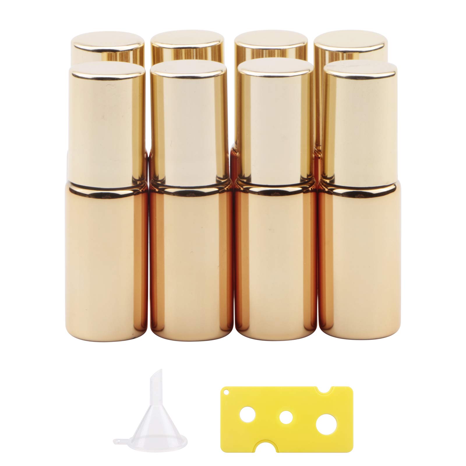 Newzoll 8Pcs Glass Roller Bottles, 5ml UV Coated Glass Roller Vials with Stainless Steel Roller Balls & Funnel, Roll-on Containers for Essential Oil Perfume, Gold Metallic Caps