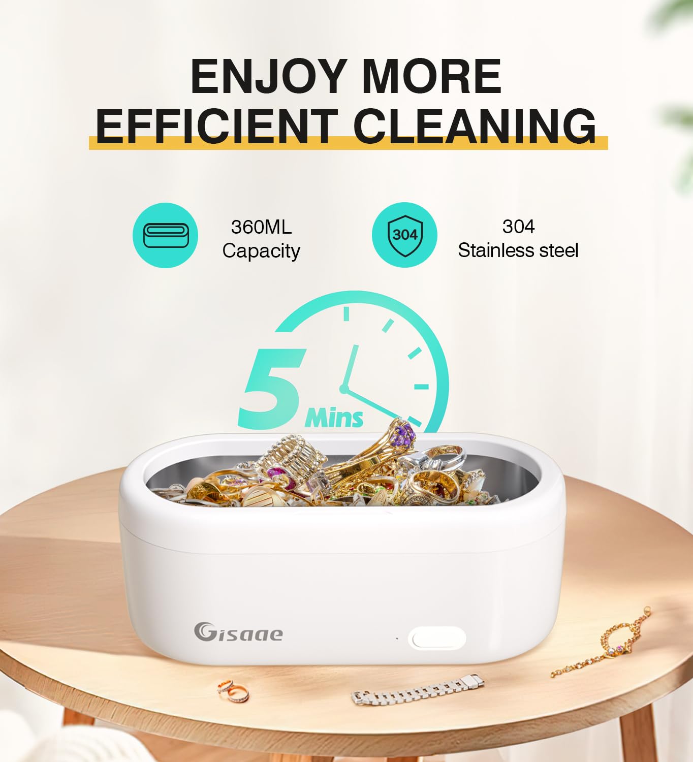 Gisaae Pulitore Ultrasuoni Portatile, 47kHz Lavatrice Ultrasuoni Occhiali, 360ML Vasca Ultrasuoni, Pulitore ad Ultrasuoni per Gioielli, Collane, Orologi, Monete, Protesi Dentarie