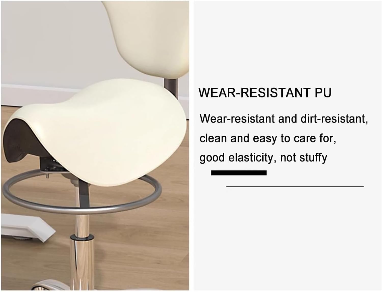 Rolling Saddle Stool PU Leather Swivel Adjustable Rolling Stool with Wheels Salon Chair，57-67cm Adjustable Height, 264lb Load Capacity