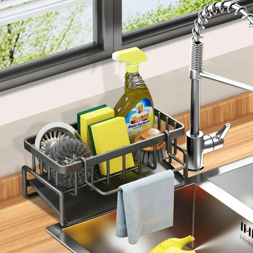 New Creative Wall Mounted Soap Box Stainless Steel Adjusting Metal Sponge Holder for Kitchen (Black Sink)-image-33