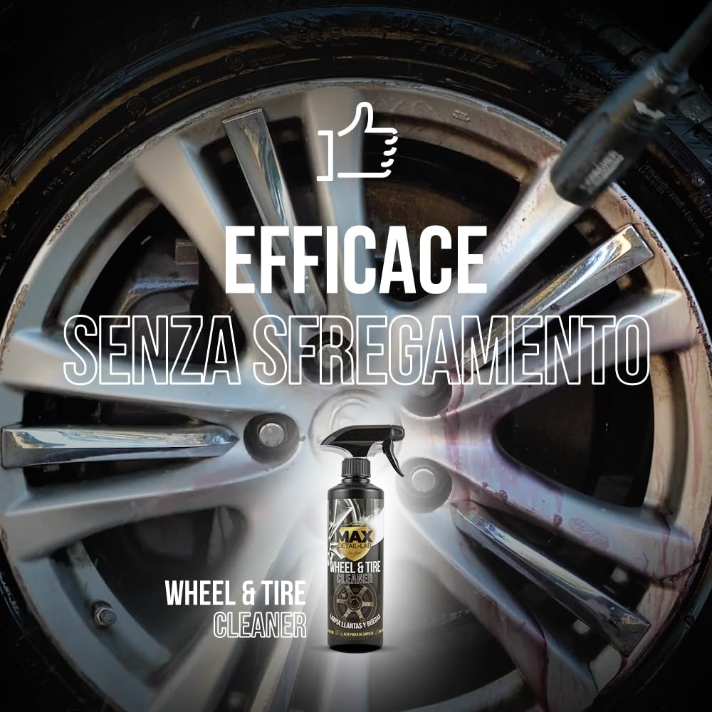 MAX DETAIL-LAB - Wheel & Tire - Pulizia Cherchi Auto Iron Remover Senza Acidi, Decontaminante Tripla Azione Senza Sfregamento, Adatto per Cerchi in Lega e Moto, Pulitore Lavaggio Detailing Car, 5L