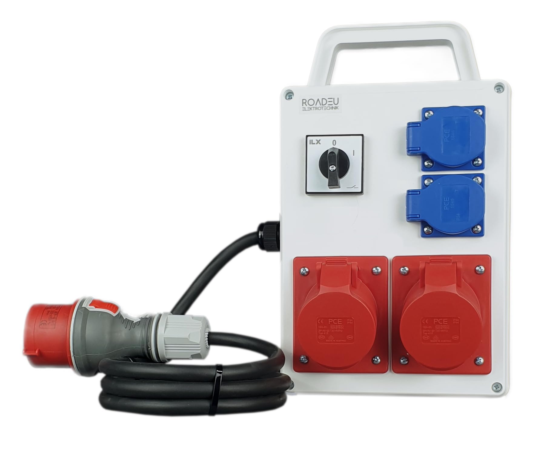 RoadEu - Portátil Distribuidor de corriente 16A con interruptor principal 0-1. 2x enchufes CEE 16A - con 2x enchufes Schuko de 230V. Regleta 1m. IP44 Ideal para Taller, Cobertizo y Fábricas