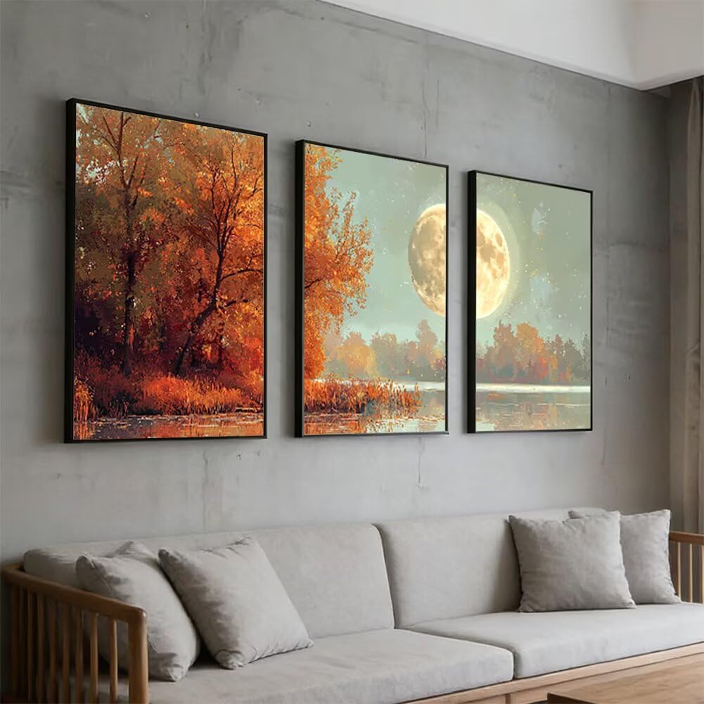 Wandbilder Mond 60x80cm, 3Pcs Leinwand Bilder Groß Wanddeko Wohnzimmer, Herbst Leinwand Bilder mit Rahmen, Moderne Wandbilder Wohnzimmer Poster Set mit Haken, Wanddeko Schlafzimmer Poster Set, -1954